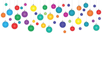 A collection of vividly colored round ornaments suspended by thin strings against a clean white backdrop creates a joyful and festive atmosphere. The assortment of colors enhances the visual appeal.