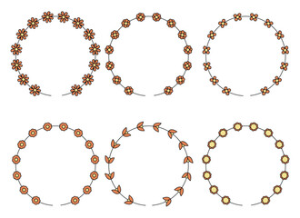 This image showcases six round floral and leaf wreaths, each featuring unique arrangements of botanical elements. The wreaths are uniformly spaced on a white background.