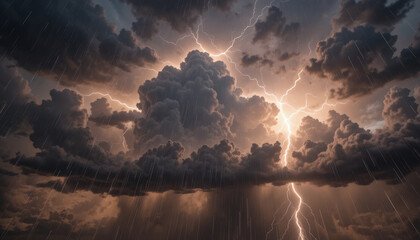 Dramatic storm clouds with lightning and heavy rain create powerful atmosphere