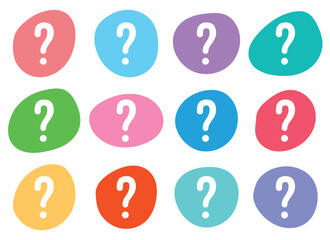A variety of colored ovals contain a white question mark, representing questions, inquiries, and general uncertainty, all with a playful, cartoonish design.
