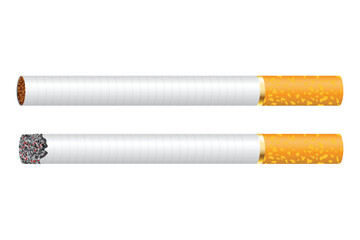 A visual comparison of a cigarette, one new and ready to light, and the other already lit and burning. Both are set against a stark white background. Smoke is not visible.