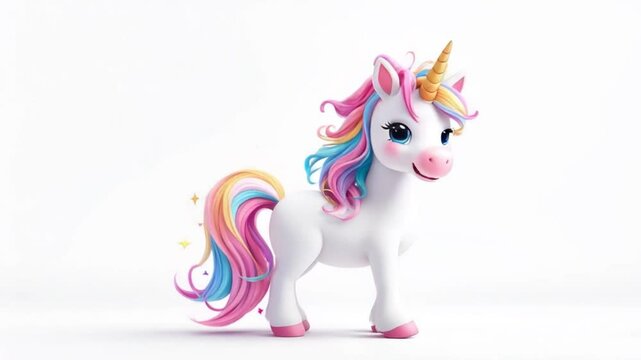 Cute Cartoon Unicorn with Rainbow Mane on White Background in Whimsical Style