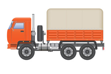 An orange cabover truck, featuring a covered cargo bed, is depicted from a side perspective. The image shows the vehicle against a plain white background. The truck has 3 axles.