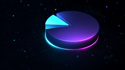 Futuristic neon pie chart with glowing edges and floating particles on dark background