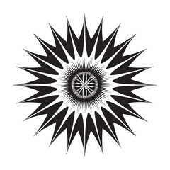 Intricate black and white geometric mandala with sharp radiating points and a detailed central pattern on a white background