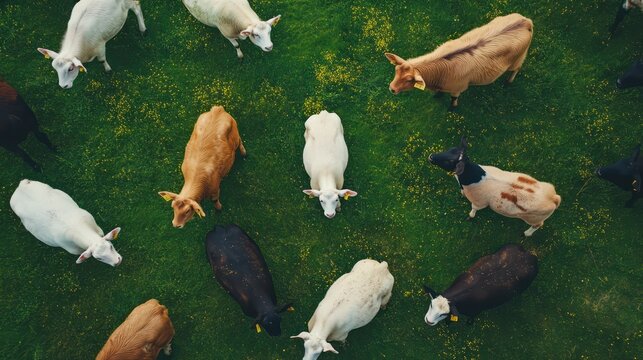 Overhead View of Cows Grazing on Green Pasture with Yellow Flowers