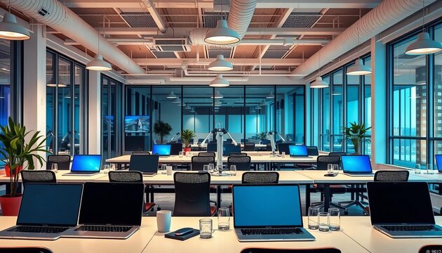 Modern coworking space interior with laptops on desks, flat design,  laptop,  interior design