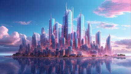 Obraz premium A futuristic utopian city built on a vibrant island surrounded by calm reflective ocean waters at sunset