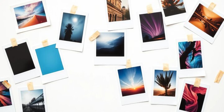 Polaroid frames with sticky tape, arranged on white background,  photography,  instant