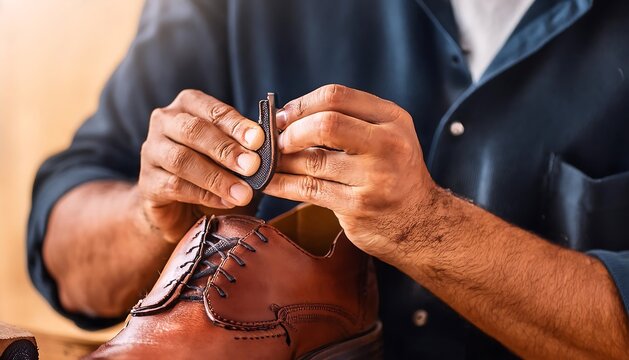 Meticulous Artisan Repairing a Leather Shoe with Precision Tools in a Traditional Workshop Setting