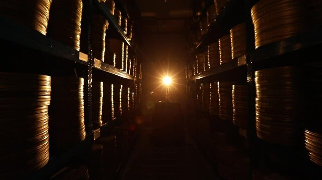 Dark film archive corridor, shelves filled with golden film canisters. A bright light illuminates a classic film reel and old film strip, symbolizing cinematic history and discovery.