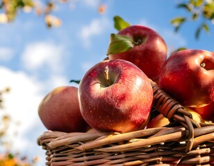 Freshly Picked Red Apples Overflowing from a Rustic Wicker Basket Against a Clear Blue Sky