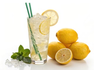 Fototapeta premium Refreshing lemonade with fresh lemons mint and ice on a white background