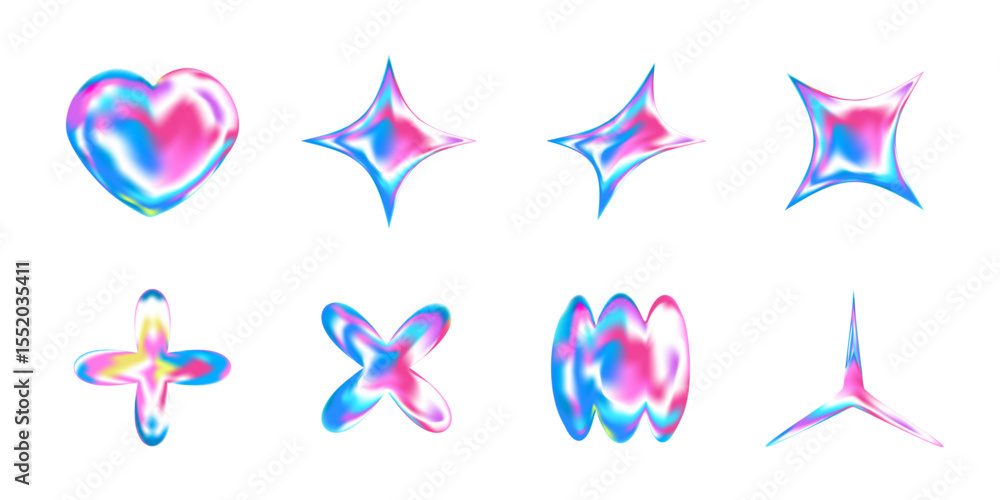 Poster 3d y2k chrome icons with stars, hearts, snowflakes and fluid shapes. holographic silver elements wit