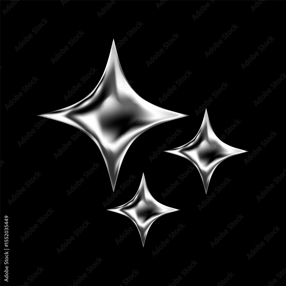 Poster 3d chrome stars and glossy silver elements with futuristic y2k style. abstract geometric shapes with