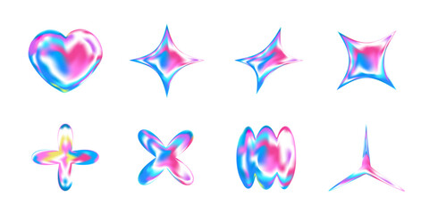 3D Y2K chrome icons with stars, hearts, snowflakes and fluid shapes. Holographic silver elements with glossy sparkle and gradient glow. Abstract futuristic vector set with iridescent effect.