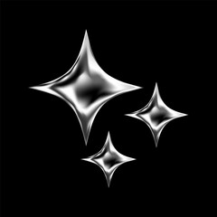 3D chrome stars and glossy silver elements with futuristic Y2K style. Abstract geometric shapes with glitter, flare and cosmic shine. Sleek metallic forms with fluid bling and holographic spark.