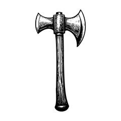 Axe engraving black and white outline. Scratch board imitation.  illustrated in vintage line art style on a white background.