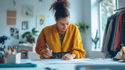 Fashion designer sketching a new design in her bright studio, focused on her work.