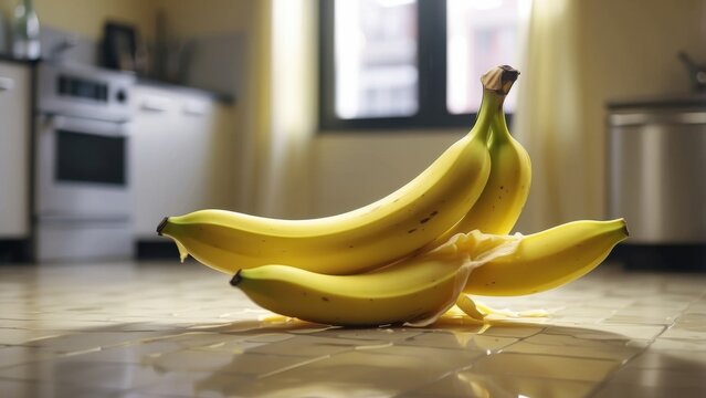 Bananas spilled on kitchen floor after falling from counter causing slippery mess and potential hazard for walking