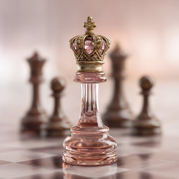 Glass chess queen crowned with ornate gold in elegant soft-focus background
