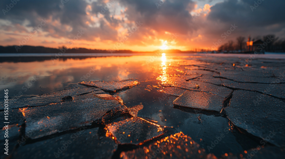 Poster sunset reflecting on broken ice over a lake with cloudy sky in the background landscape view