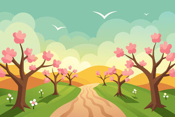 spring landscape with trees and flowers