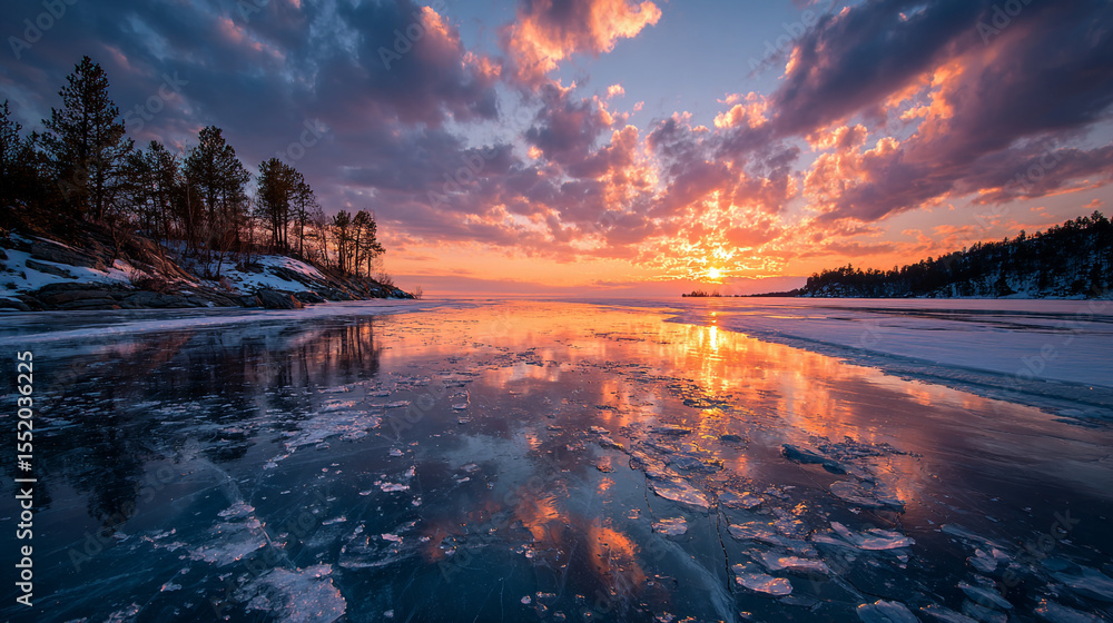 Poster a scenic view of a frozen lake reflecting the sunset with trees and clouds in the background