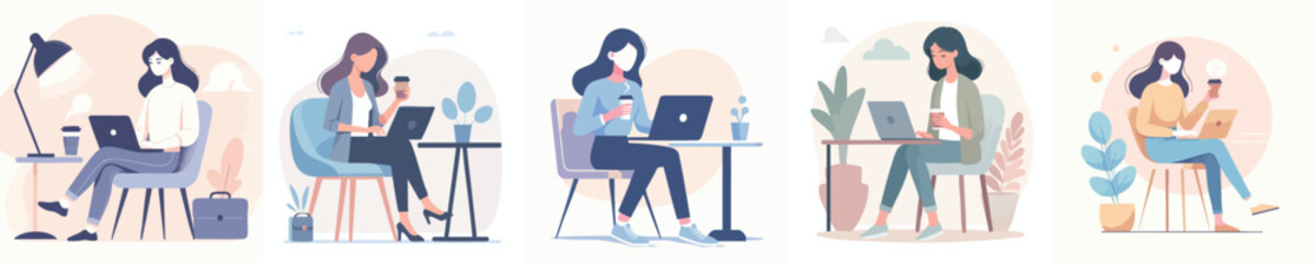 Woman Working with Laptop and Coffee – Modern Flat Design Illustration Set