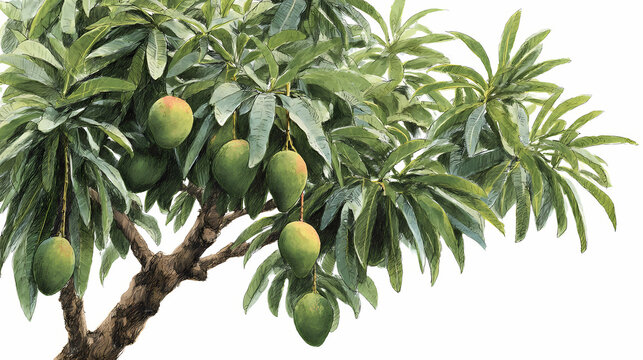Watercolor Illustration of Mango Tree &ndash; Mangifera Indica with Fruits and Leaves