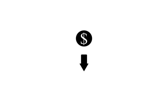Dollar symbol icon with downward arrow represents financial loss decline or decrease concept in economy