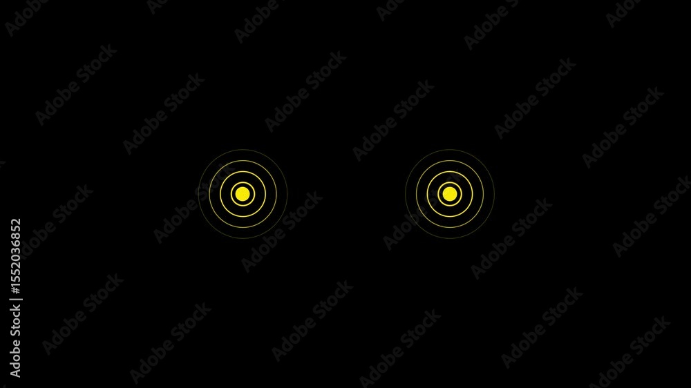 Poster radio wave signal flows as glowing yellow concentric circles on black. abstract animation forms futu