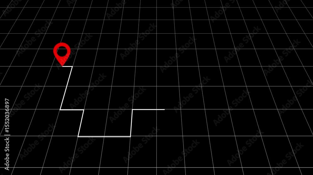 Poster animated path visualization with red location marker on a black grid background for concept mapping