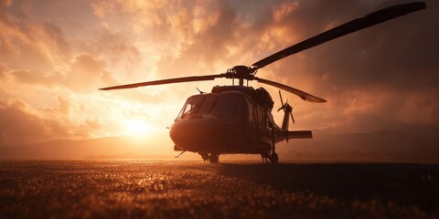 Silhouette of Helicopter on Ground at Sunset