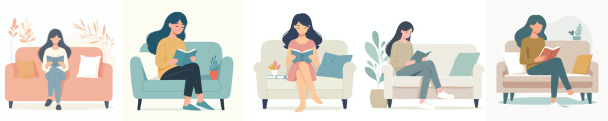 Vector Set of Women Reading Books on Sofa – Cozy Flat Illustrations for Home Lifestyle Concepts