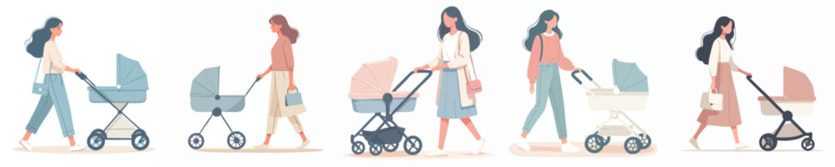 Flat Vector Collection of Women Walking with Baby Strollers in Modern Pastel Style