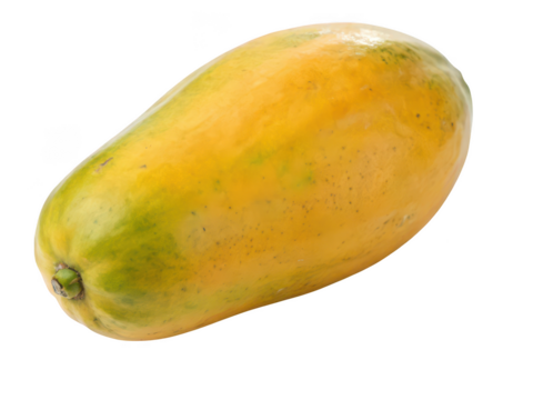 Ripe yellow orange papaya fruit with green patches on tropical food