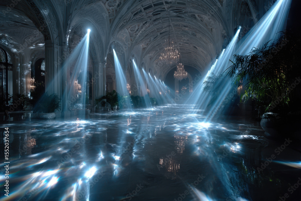 Poster light beams illuminate a grand hall with elegant architecture and reflective surfaces