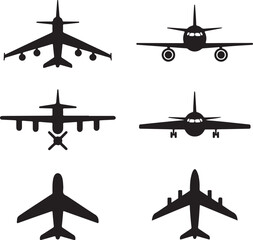 A vector illustration black airplane silhouettes viewed from a top down perspective, arranged on a clean white background