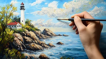 A professional artist painting beside large sunny window

