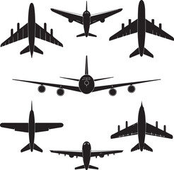A vector illustration black airplane silhouettes viewed from a top down perspective, arranged on a clean white background