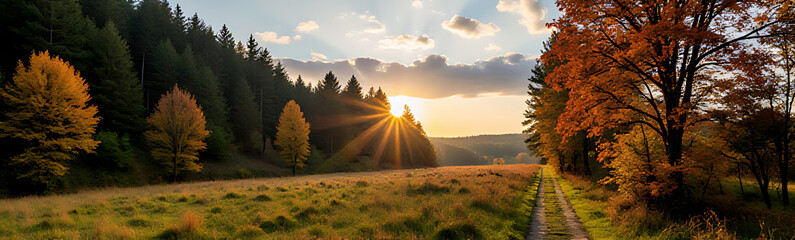 Wonderful Autumn Landscape With Forest Meadows And Path The Light The Setting Sun