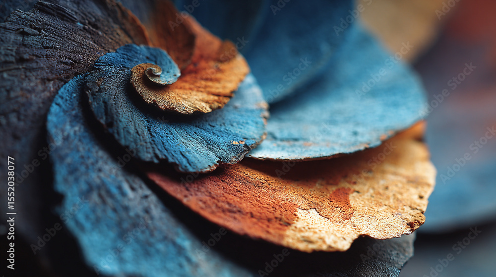 Poster close up of a textured spiral with blue and orange hues creating an abstract natural pattern design