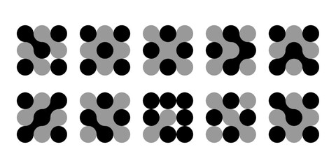 Atom dots connected in molecule structure pattern. Abstract circle shapes, collagen liquid drops. Medical tech metaball cells. Wavy merge fluid arrow, laboratory symbol. Dividing blob circuit cross