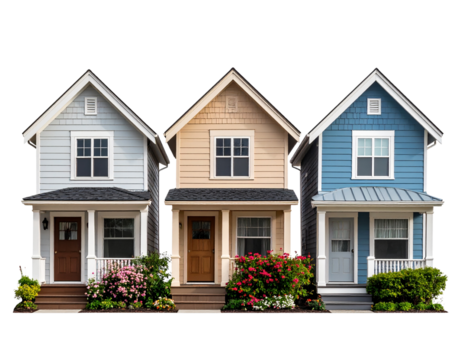  Side and Angled Views of Three Rustic Cottage Houses with Wooden Details, isolated on a white background PNG