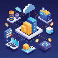 Obraz premium Isometric vector scene showing cloud computing and data flow.eps