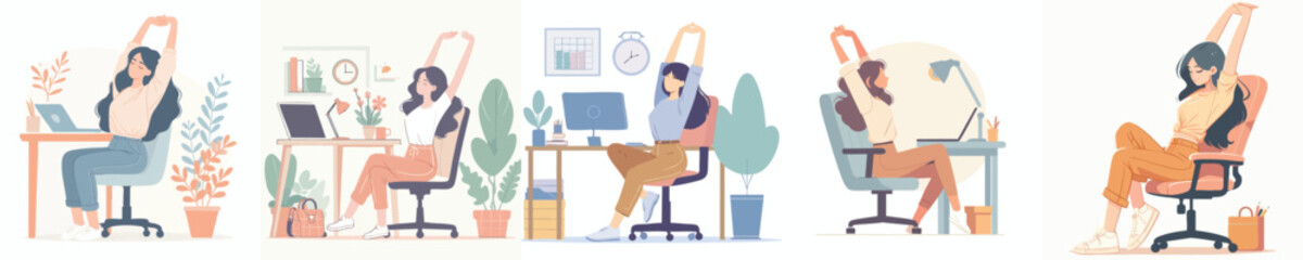 Flat Vector Set of Women Stretching at Work Desk – Healthy Office Routine