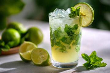 Fototapeta premium Refreshing Mojito. A vibrant mojito cocktail with lime, mint, and ice