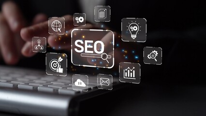 SEO concept for improving SEO visibility, with SEO related digital tools and SEO performance icons...