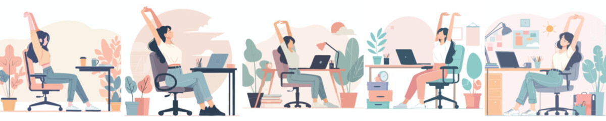 Woman Stretching at Work Desk &ndash; Vector Illustration Set for Office Break and Relaxation